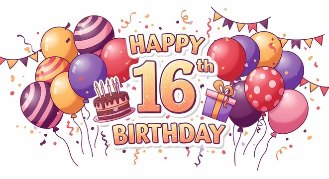 Colorful Happy 16th Birthday Celebration with Balloons Cake and Gift