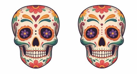 Fototapeta premium Pair of Decorative Sugar Skull Masks with Bright Floral Patterns for Day of the Dead Celebrations
