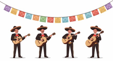 Festive Male Musicians Playing Guitar Under Colorful Papel Picado Decorations