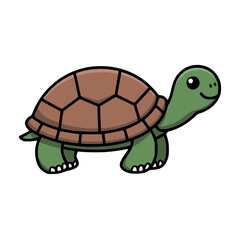 Cute cartoon turtle walking happily. Its shell is brown, and its body is green. It has small feet and a sweet smile.