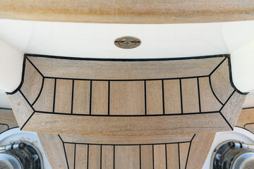 Teak wood deck texture background. Wooden deck on super yacht. Yachting concept. 