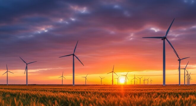 Sunset over wind farm with turbines in vast wheat field