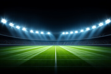 Night Stadium: Dramatic Soccer Field, Bright Floodlights, Packed Stands,  Epic Atmosphere.