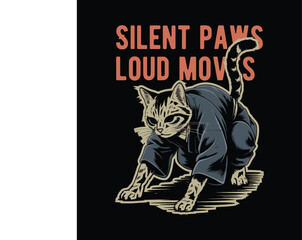 Ninja cat in stealth pose with katana on white background. Bold retro illustration combining silence and power in Japanese anime vector style.