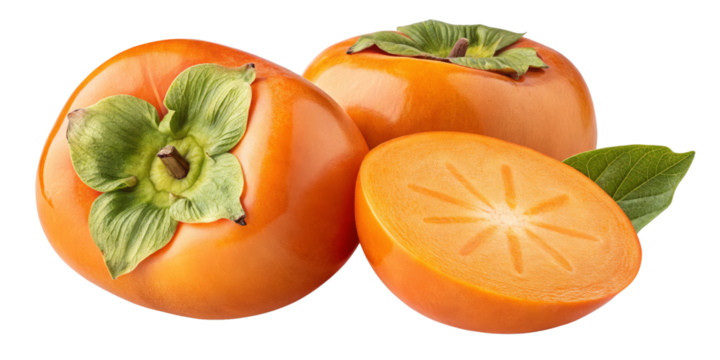 Three Persimmons Composition Whole and Sliced, Isolated on Transparent Background, Fruit, Food Photography, Persimmon, Food, Produce