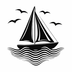 Sailing boat silhouette on waves vector image isolated on white background.