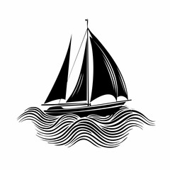 Sailing boat silhouette on waves vector image isolated on white background.