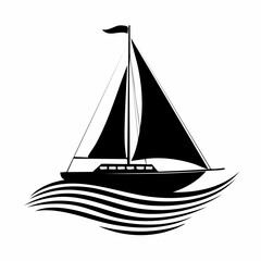 Sailing boat silhouette on waves vector image isolated on white background.