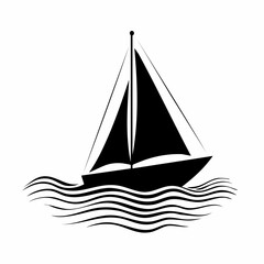 Sailing boat silhouette on waves vector image isolated on white background.