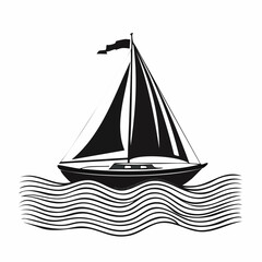 Sailing boat silhouette on waves vector image isolated on white background.