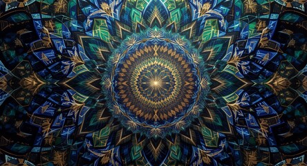 Abstract Mandala Art Blue Gold Green Fractal Design Geometric Pattern Symmetrical Artwork