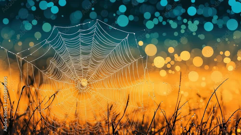 Poster dew-covered spiderweb in golden light with bokeh background