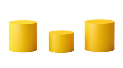 Four yellow pedestal cylinders of varying heights on white background