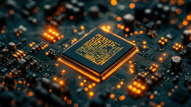 Close-up of a CPU on a circuit board, glowing with light - Powered by Adobe
