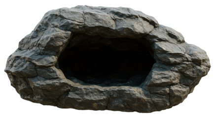 A dramatic cave entrance carved into a rugged rock formation with shadows.