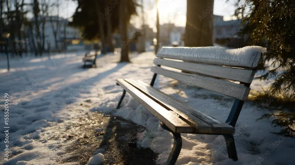 Aufkleber Winter park at sunset with a snow-covered bench bathed in golden light. An atmosphere of calm and tranquility. A park bench covered with frost and snow in the rays of the setting sun.