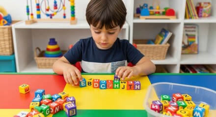 Fototapeta premium Young caucasian boy playing with colorful alphabet blocks at table in classroom