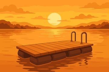 Peaceful floating pontoon dock on a calm lake at sunset. Serene summer landscape with orange sky and sun reflection on the water. Vector cartoon illustration for travel or vacation.