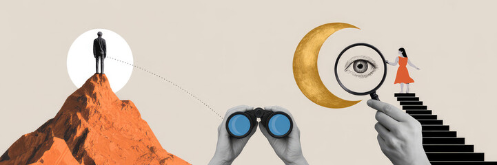 Visionary Ascent: A metaphorical artwork depicts a determined individual scaling the heights of ambition, while a focused observer looks on, embodying foresight and the pursuit of higher goals.