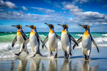 Five Gentoo Penguins Walking Adventure Teamwork