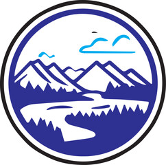  picture icon logo for a summer adventure camp in the mountains stylized mountains, a path, a tent. adventures, nature, mountains, summer, camp.