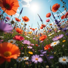 colorful wildflower meadow. nature background banner with copy space - spring and summer greeting card wildflowers spring concept