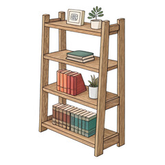 Wooden Bookshelf with Plants and Books, Illustration, Isolated on Transparent Background, Home Decor, Room Design, Bookshelf, Illustration, Home Decor