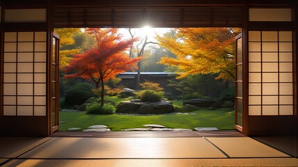 washitsu with beautiful view of japanese garden, shoji and tatami, ryokan, good for accommodation and hotel promotion	