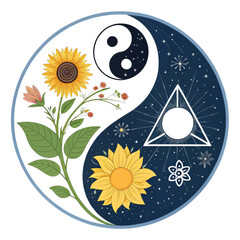 Yin Yang Sunflowers Cosmos Alchemy Floral Design, Isolated on Transparent Background, Sunflowers, Alchemy, Yin Yang