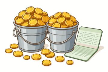 Two metal buckets overflowing with gold coins and open savings passbook on white background. Wealth accumulation, financial security, banking, investment, prosperity, savings concept illustration