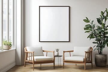 Elegant living room interior showcasing modern chairs and a blank picture frame against a serene wall backdrop.