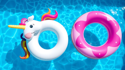 A vibrant pool scene featuring two inflatable floats. The first float depicts a whimsical unicorn with a white body, a golden horn, rosy cheeks, large, expressive eyes, long eyelashes.