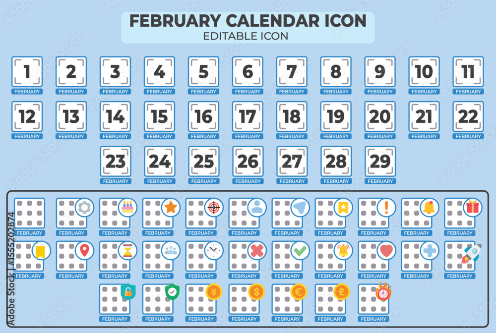 Poster editable february calendar icon set with customizable events and reminders for planning