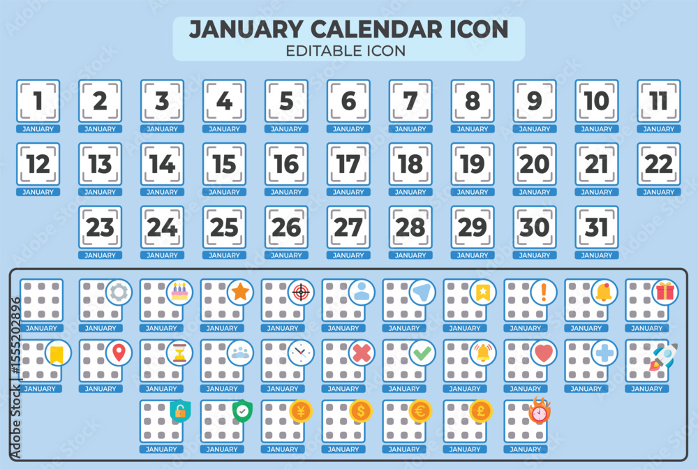Aufkleber editable january calendar icon set, perfect for planning and organizing your schedule with versatile