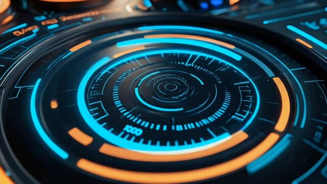 Futuristic blue and orange circular hud interface rotating animation seamless loop 4k time-lapse video background. Technology concept