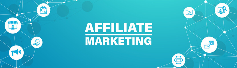 Affiliate marketing concept with icons. Pay per click, buyer, publisher, link, advertising, website, SEO, merchant. Web vector infographic