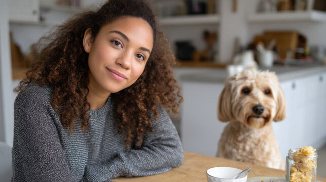 Young biracial woman having a slow morning tea with dog by her side and healthy food in a cozy, modern kitchen. 