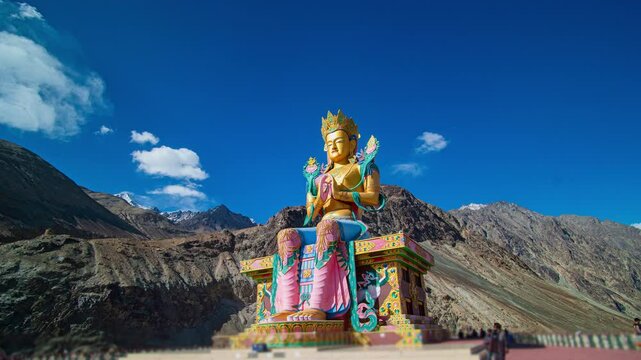 Timelapse blue sky over A Diskit Monastery. Diskit Monastery also known as Diskit Gompa. Diskit Gompa is the oldest and largest Buddhist monastery (gompa) in the Nubra Valley of Ladakh, India.