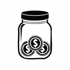 Black and white Coins In A Glass Jar image vector isolated on white background.