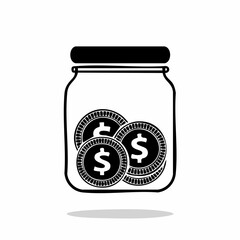 Black and white Coins In A Glass Jar image vector isolated on white background.