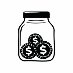 Black and white Coins In A Glass Jar image vector isolated on white background.