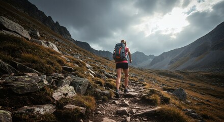 Fototapeta premium Trailblazer Woman Hiking High Peaks with Cloudy Sky Adventure.