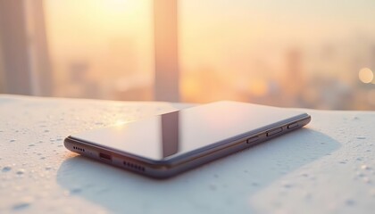 Smartphone on table near window with city view at sunset
