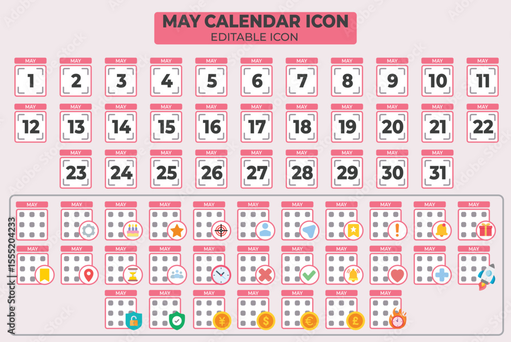 Poster pink may calendar icon set with editable details for planning and scheduling events