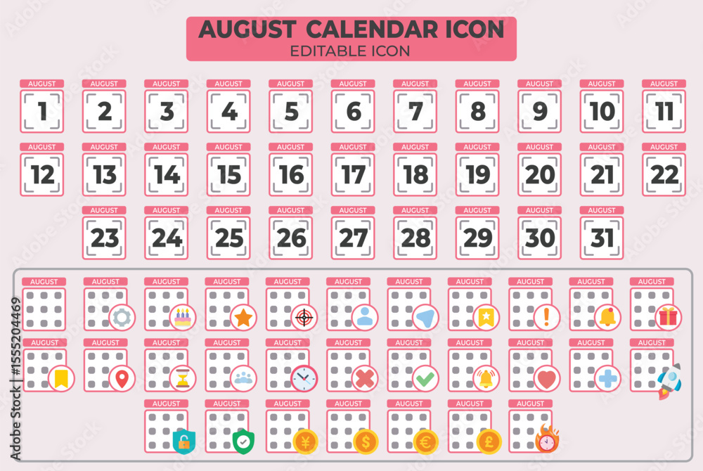 Poster editable august calendar icon set for planning and scheduling, suitable for designing presentations 
