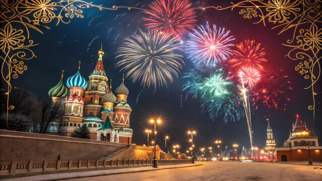 Moscow russia red square fireworks celebration new year holiday cityscape travel destination night scene