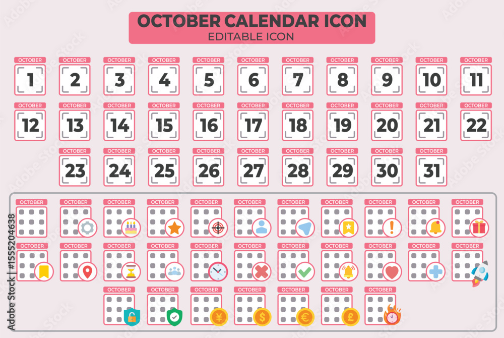 Poster october calendar icon vector illustration for scheduling and event management with editable elements