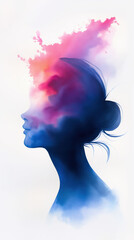 Elegant Watercolor Silhouette of a Woman Among Vibrant Blossoms Conveys a Dreamy Atmosphere With Fluid Lines and a Minimalist Design