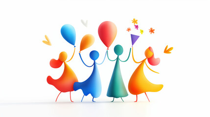 Women Joyfully Celebrating Together With Colorful Balloons and Flowers in a Bright, Warm Pastel Setting
