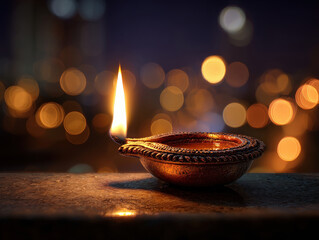 Traditional diya oil lamp with glowing flame on dark blurred background. Warm spiritual illustration for Diwali, Hindu culture, prayer, meditation and festive celebrations.
